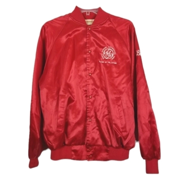 Vintage USA Satin Jacket Bomber GE Factory of The Future Embroidered Snap Red L - Picture 2 of 13